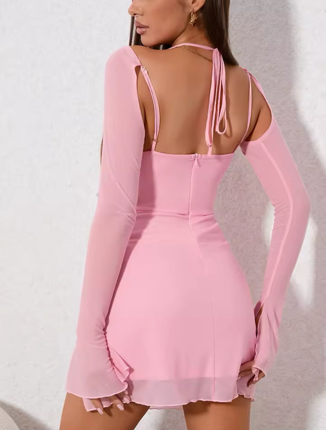 Halter Flounce Sleeves Mesh Pink